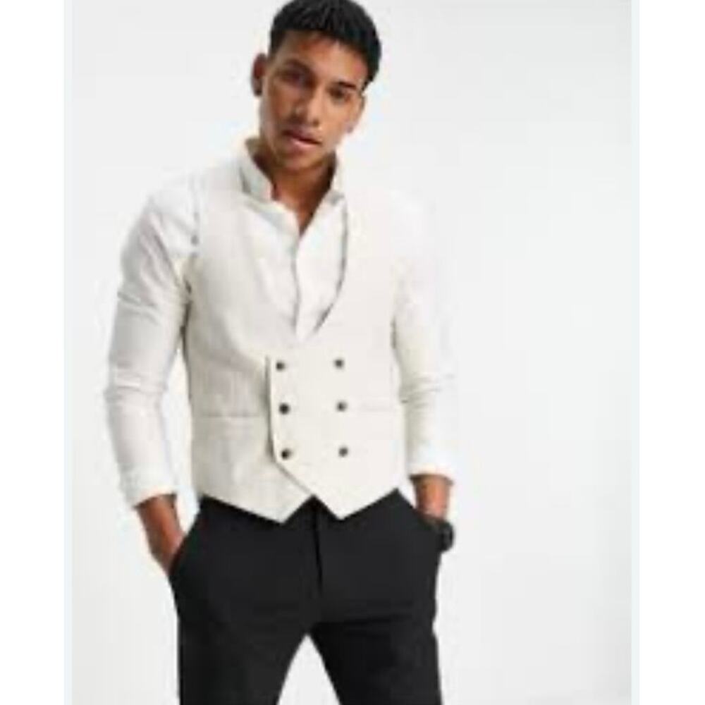Gianni Feraud Linen Cotton Waistcoat Cream Herringbone Double Breasted Vest NWT